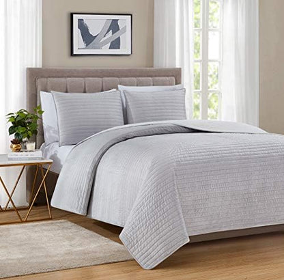  BOURINA Velvet Sherpa Blanket Quilt, Super Plush Quilt 3-Piece Bedding Large Double-Sided Plush Comfort Softest Quilt Sets, Queen 90×94" Light Grey