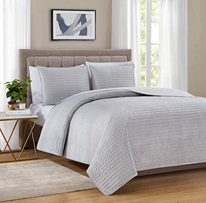  BOURINA Velvet Sherpa Blanket Quilt, Super Plush Quilt 3-Piece Bedding Large Double-Sided Plush Comfort Softest Quilt Sets, Queen 90×94" Light Grey