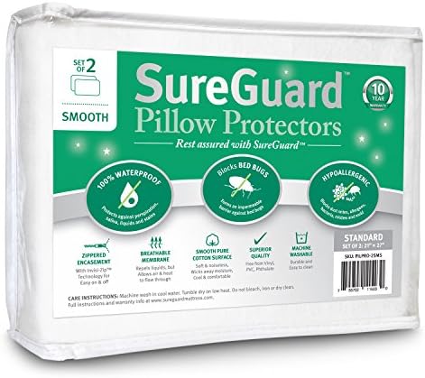  Of 2 Standard Size SureGuard Pillow Protectors - 100% Waterproof, Bed Bug Proof, Hypoallergenic - Premium Zippered Cotton Terry Covers