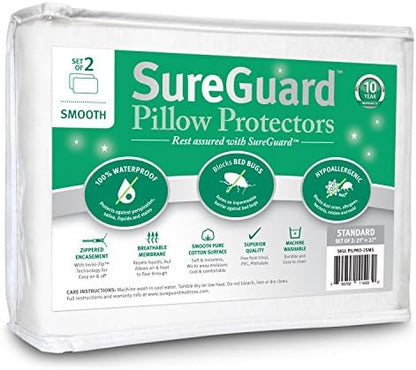  Of 2 Standard Size SureGuard Pillow Protectors - 100% Waterproof, Bed Bug Proof, Hypoallergenic - Premium Zippered Cotton Terry Covers