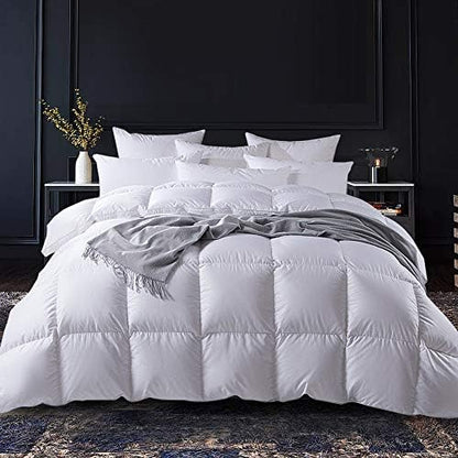  Premium Goose Feathers Down Comforter King Size All Season Medium Warmth Solid White 100% Cotton Cover Down Proof Duvet Insert With Corner Tabs, 60 Oz