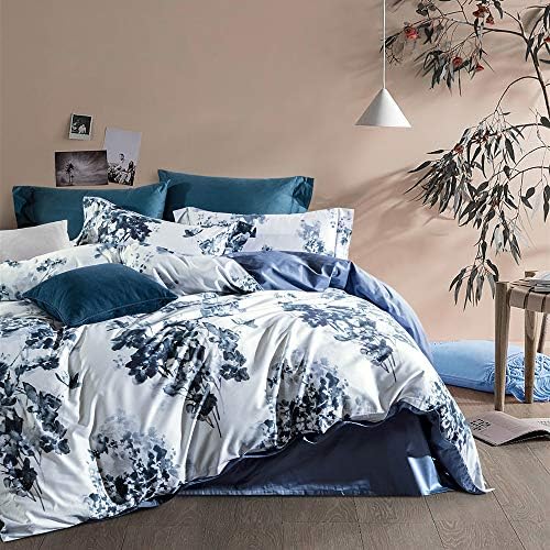  MILDLY 100% Egyptian Cotton Duvet Cover Set Gradient Blue Leaves Printed Comforter Cover Set Farmhouse Plant Reversible Baby Blue Bedding Set King Size With Zipper Closure & Corner Ties