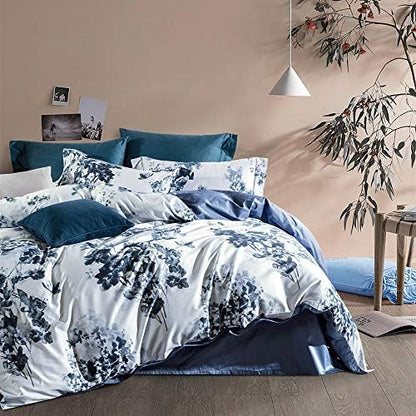  MILDLY 100% Egyptian Cotton Duvet Cover Set Gradient Blue Leaves Printed Comforter Cover Set Farmhouse Plant Reversible Baby Blue Bedding Set King Size With Zipper Closure & Corner Ties