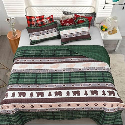  Judvx Quilt Set King Size White & Green Rustic Bedding Reversible 3 Piece Bedspreads & Coverlet, Lightweight Microfiber Plaid Pattern Lodge Bear Quilts For All Season (1 Quilt, 2 Pillow Shams)