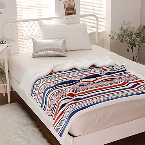  Sherpa Fleece Throw Blanket, Fuzzy Warm Super Soft Reversible Stripe Geometric Pattern Plush Blanket For Bed, Sofa And Couch, 50 X 60 Inches, Red/Blue