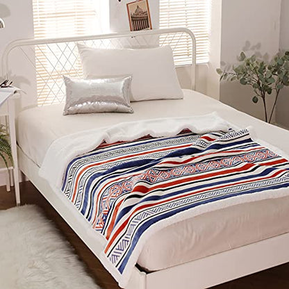  Sherpa Fleece Throw Blanket, Fuzzy Warm Super Soft Reversible Stripe Geometric Pattern Plush Blanket For Bed, Sofa And Couch, 50 X 60 Inches, Red/Blue