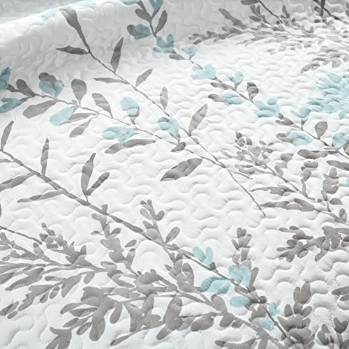  Lush Decor Yellow Aprile Reversible Quilt 3 Piece Floral Leaf Design Bedding Set, King, Blue & Gray