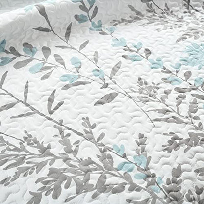  Lush Decor Yellow Aprile Reversible Quilt 3 Piece Floral Leaf Design Bedding Set, King, Blue & Gray
