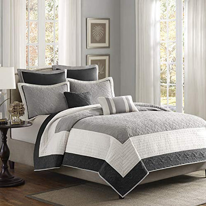  Attingham Reversible Quilt Set - All Season Breathable Coverlet, Lightweight Cozy Bedding Layers, Matching Shams, King/Cal King(104"x94"), Black Multi 7 Piece