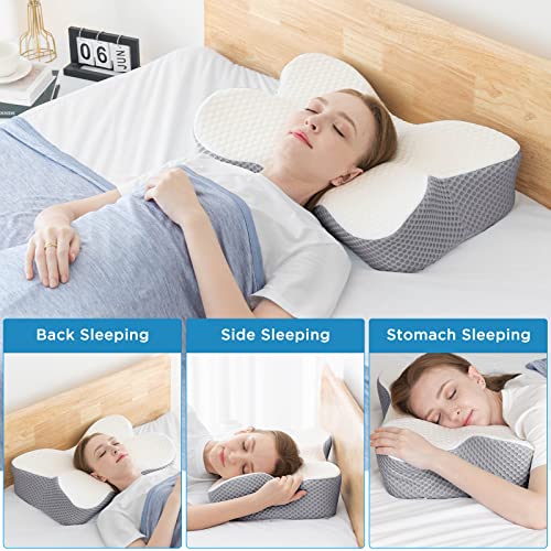  HOMFINE Cervical Memory Foam Cooling Pillow - Ergonomic Pillow For Neck And Shoulder Pain, Orthopedic Contoured Support Pillow For Side, Back And Stomach Sleepers With Breathable Cooling Cover,Grey