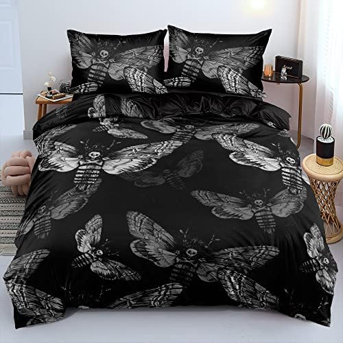  Zhh Death Moth Skull Duvet Cover 3Pcs Queen Size Black Gothic Bedding Soft Microfiber Fashion Printed Skeleton Comforter Cover (1 X Quilt Cover, 2 X Pillowcases)