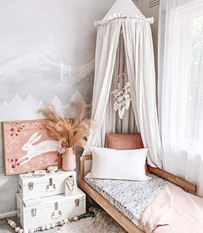  YIUOR Kids Bed Canopy With Frills Cotton Cover Net For Baby Crib Reading Nook Curtain Hideaway Hanging Round Tent Nursery Bedding Play Room Decor