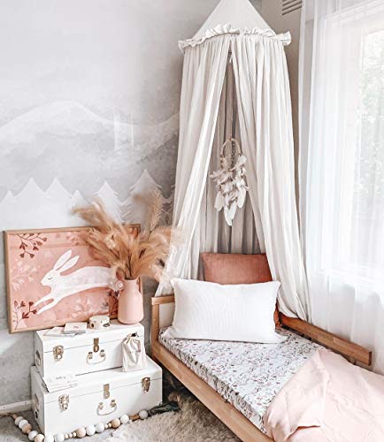  YIUOR Kids Bed Canopy With Frills Cotton Cover Net For Baby Crib Reading Nook Curtain Hideaway Hanging Round Tent Nursery Bedding Play Room Decor