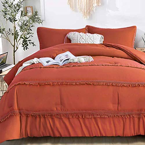  Queen Size Comforter Set, Burnt Orange Boho Tassel Down Alternative Filling Bed Sets - 90 X 90 3PC Soft Microfiber Chic Bohemian Farmhouse Bedding Duvet In A Bag For Women Men, Terracotta, Rust
