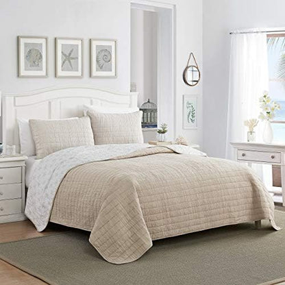  Luxury All Season Ultra Soft Enzyme Washed Reversible 1-Piece Quilt Coastal Pattern Crinkle Coverlet Bedspread, Full/Queen, Navy Blue Palm Leaves