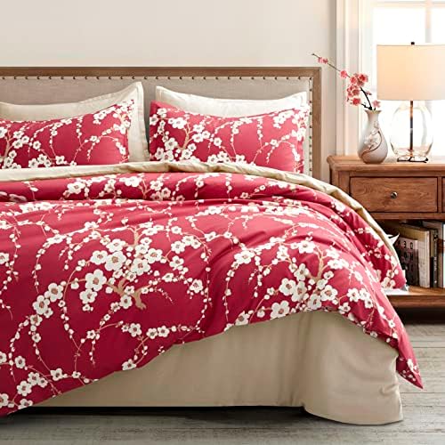  Japanese Oriental Style Cherry Red Blossom Floral Branches Print Duvet Quilt Cover 300tc Cotton Bedding 3 Piece Set (Queen, Charcoal)