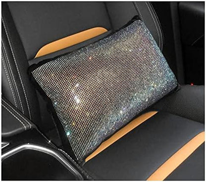  HappyERA 1Pc Bling Rhinestones Leather Car Seat Lumbar Pillow, Crystal Diamond Lumbar Support Cushion For Girls Women - White