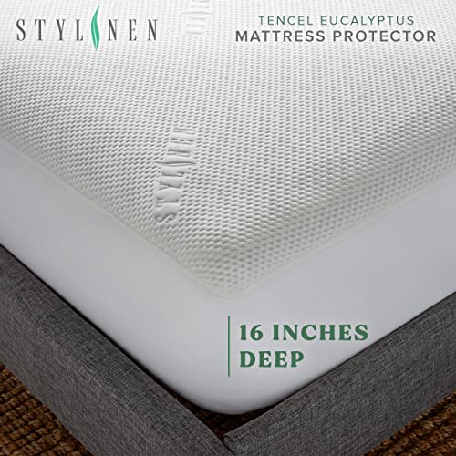  TYLINEN Queen Tencel Eucalyptus Mattress Protector - Waterproof Breathable Cooling Cover Protects Against Moisture, Spills, Stains - Noiseless, Machine Washable, Fits 16 Inch Bed (Queen)
