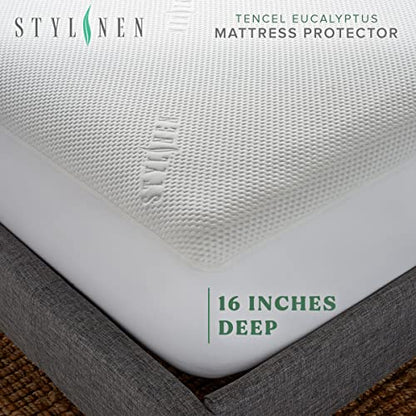  TYLINEN Queen Tencel Eucalyptus Mattress Protector - Waterproof Breathable Cooling Cover Protects Against Moisture, Spills, Stains - Noiseless, Machine Washable, Fits 16 Inch Bed (Queen)