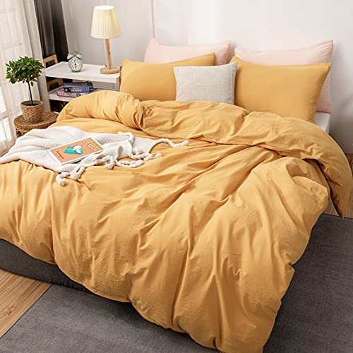  Straw Yellow 100% Washed Cotton Queen Duvet Cover Set, 3 Pieces 1 Comforter Cover And 2 Pillowcases, Ultra Soft And Breathable Solid Color Bedding Set With Zipper Closure