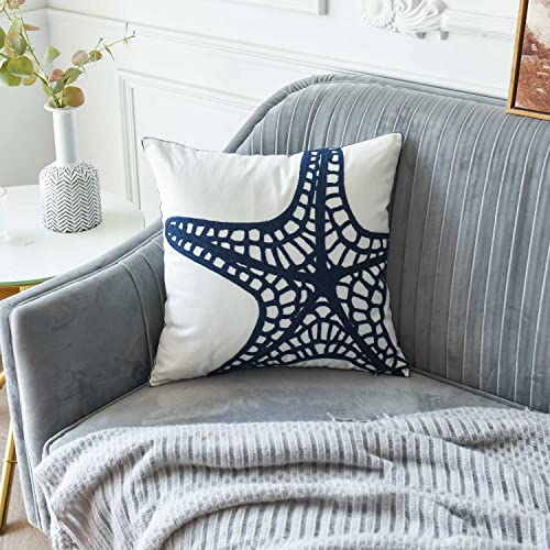  DECOPOW Embroidered Nautical Decor Pillow Cover,Square 18 Inches Decorative Canvas Pillow Cover For Nautical Style Deco By (Navy-Starfish-New)