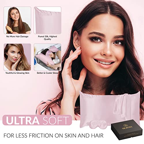  Mulberry Silk Pillowcase For Hair And Skin With Hidden Zipper, 22 Momme 100% Real Silk Pillow Case With Sleep Mask, Premium Grade 6A Silk Promotes Soft Skin, 900 Thread Count (Pink, Queen)