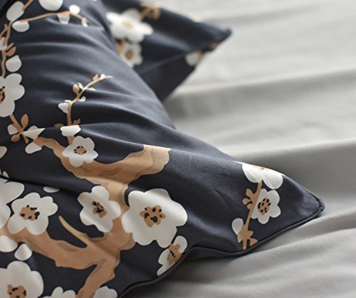  Eikei Japanese Oriental Style Cherry Red Blossom Floral Branches Print Duvet Quilt Cover 300tc Cotton Bedding 3 Piece Set (King, Charcoal)