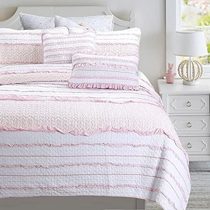  Cozy Line Home Fashions Pink Flower Lace Ruffle Stripe Shabby Chic Girl 100% Cotton Reversible Quilt Bedding Set, Coverlet, Bedspread (Pink Lace, Twin - 2 Piece: 1 Quilt + 1 Sham)