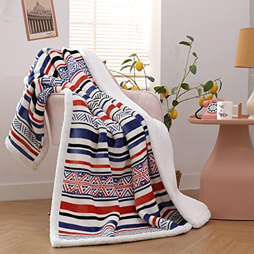  Sherpa Fleece Throw Blanket, Fuzzy Warm Super Soft Reversible Stripe Geometric Pattern Plush Blanket For Bed, Sofa And Couch, 50 X 60 Inches, Red/Blue