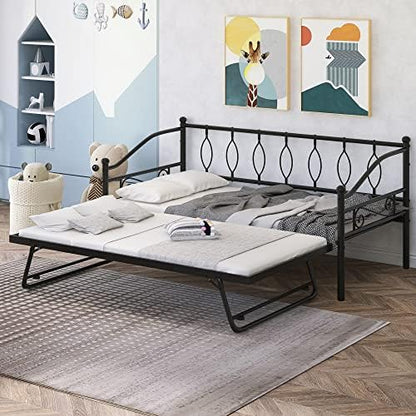  Twin Size Metal Daybed With Trundle, Daybed With Slat No Box Required, Noise Free, For Bedroom Living Room - Pink