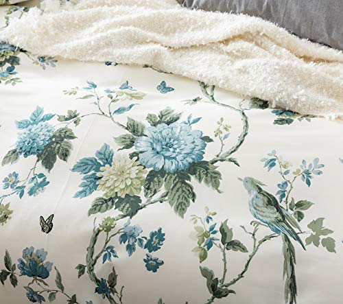  Exotic Modern Floral Print Bedding Birds Flowers Dusty Grey Design 100% Cotton Duvet Cover 3pc Set Hibiscus Blossom Branches In Muted Gray Blue (King, Egret White)