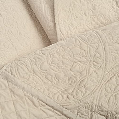  Medallion Scallop 5 Piece Bedspread Set, Queen, Neutral