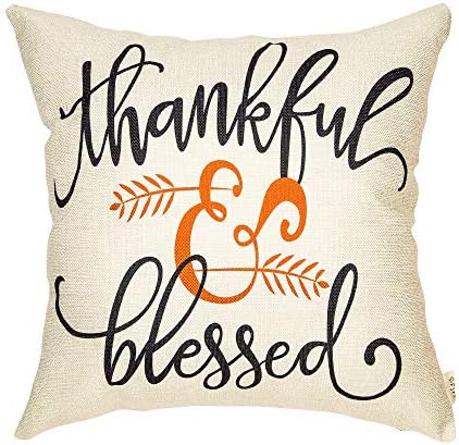  Rustic Autumn Fall Décor Thankful And Blessed Farmhouse Style Thanksgiving Day Decoration Cotton Linen Home Decorative Throw Pillow Case Cushion Cover With Words For Sofa Couch, 18" X 18"