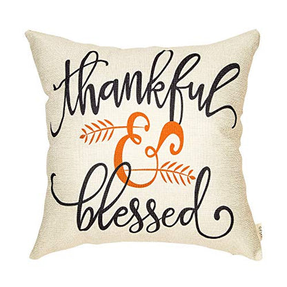  Rustic Autumn Fall Décor Thankful And Blessed Farmhouse Style Thanksgiving Day Decoration Cotton Linen Home Decorative Throw Pillow Case Cushion Cover With Words For Sofa Couch, 18" X 18"