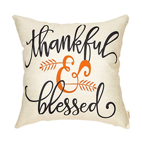  Rustic Autumn Fall Décor Thankful And Blessed Farmhouse Style Thanksgiving Day Decoration Cotton Linen Home Decorative Throw Pillow Case Cushion Cover With Words For Sofa Couch, 18" X 18"