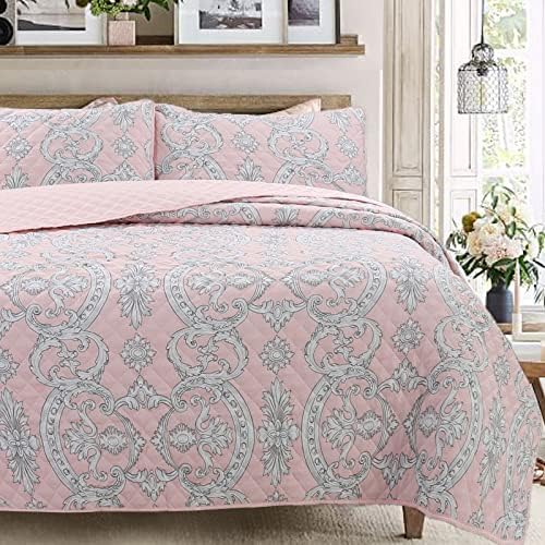  Cozy Line 4 Piece Daybed Cover Set - Pink Garden Bloom Floral Blue Rose Spring Reversible All Season Luxury Bedding With Bedskirt, Pillow Shams