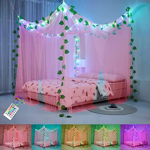  Princess Canopy Bed Curtains Bed Canopy Curtains With Lights For Queen Size Bed Drapes,8 Panels Canopies With 2 Lights,Room Décor (Full/Queen, White)