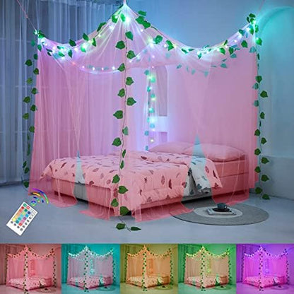  Princess Canopy Bed Curtains Bed Canopy Curtains With Lights For Queen Size Bed Drapes,8 Panels Canopies With 2 Lights,Room Décor (Full/Queen, White)
