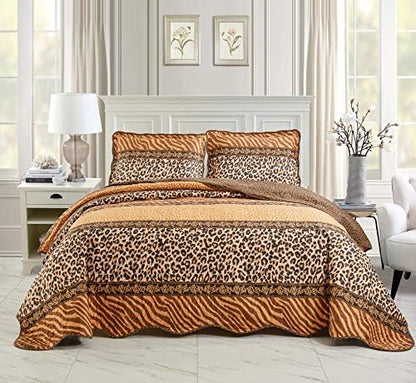  Masterplay 3-Piece Fine Animal Print Oversize (118" X 95") Quilt Set, Bedspread Coverlet (Caifornia) Cal King Size Bed Cover (Leopard Tiger Brown Black Stripe)
