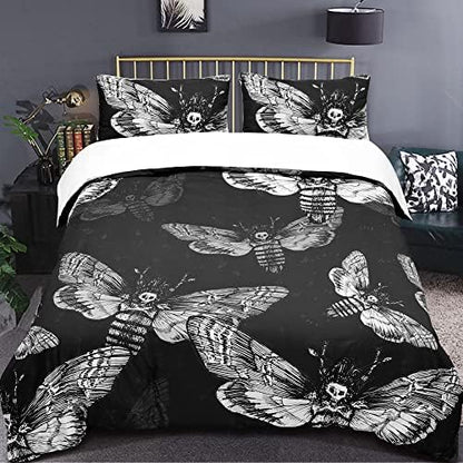  Zhh Death Moth Skull Duvet Cover 3Pcs Queen Size Black Gothic Bedding Soft Microfiber Fashion Printed Skeleton Comforter Cover (1 X Quilt Cover, 2 X Pillowcases)