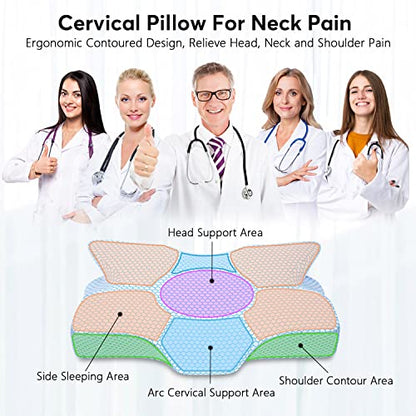  Cervical Memory Foam Pillows For Neck Pain, Neck Pillows For Pain Relief Sleeping, Contour Orthopedic Pillow For Side Back Stomach Sleeper - Blue, Firm