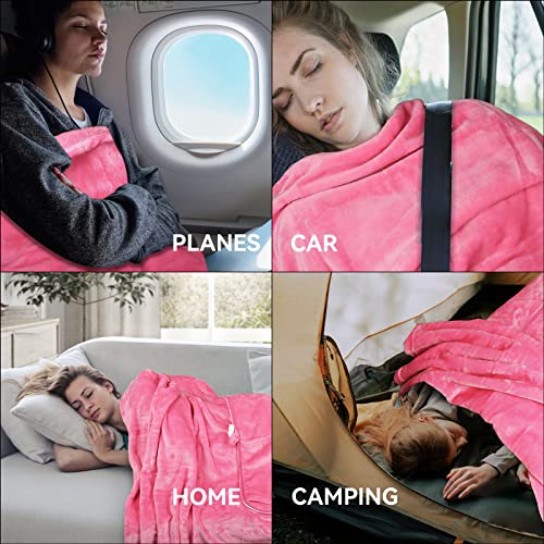  MACEVIA Travel Blanket Pillow Soft And Warm Blanket For Airplane Travel Essential Comfort Durability 2 In 1 Throw Blanket For Train Car Camping Office With Luggage Backpack Strap - Pink