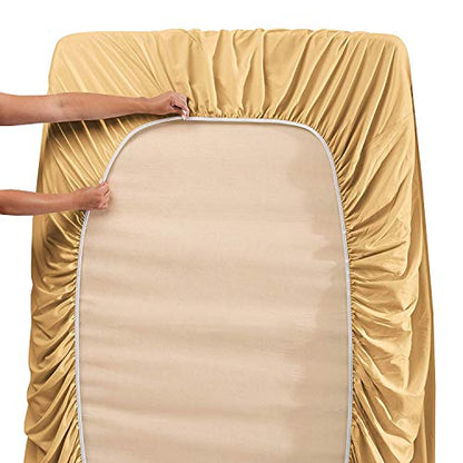  Premier 1800 Series 4pc Bed Sheet Set - Queen, Camel Gold, Hypoallergenic, Deep Pocket