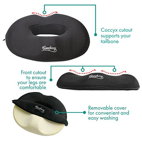  Donut Tailbone & Coccyx Seat Cushion | Pain Relief Pillow For Hemorrhoid, Prostate, Pregnancy, Post Natal, Post Surgery, Sciatica | 550g %100 Memory Foam Provides Luxury Comfort (Black)