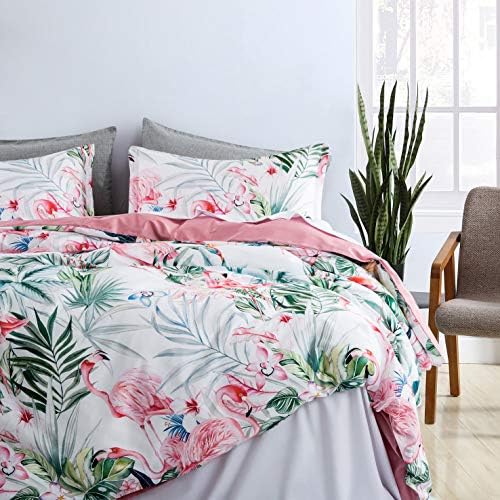  Eikei Palm Leaves Duvet Cover And Pillowcases Set Tropical Exotic Island Flowers Trees Branches Paradise Birds Bedding Jungle Plants Modern Botanical Print Long Staple Cotton (Pine Green, King)