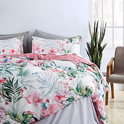  Eikei Palm Leaves Duvet Cover And Pillowcases Set Tropical Exotic Island Flowers Trees Branches Paradise Birds Bedding Jungle Plants Modern Botanical Print Long Staple Cotton (Pine Green, King)