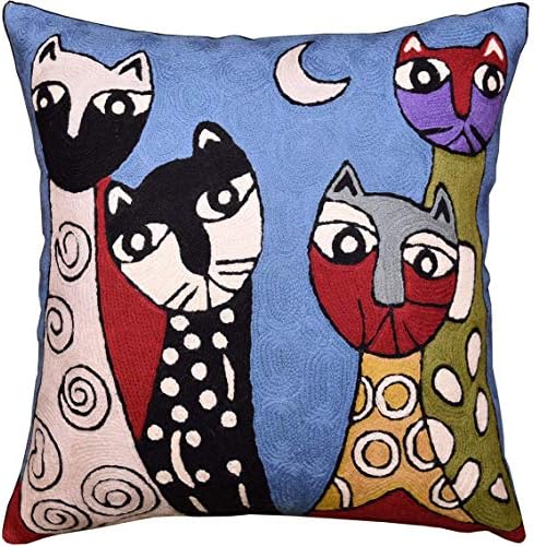  Kashmir Designs Cat Pillow Cover | Kitty Accent Pillow | Modern Cats Cushion | Colorful Cat Pillows | Cat Face On Pillow | Cat Lover Gift | Hand Embroidered Cushions | Wool Size - 18x18