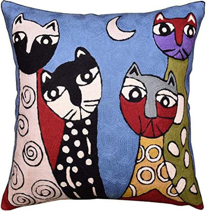  Kashmir Designs Cat Pillow Cover | Kitty Accent Pillow | Modern Cats Cushion | Colorful Cat Pillows | Cat Face On Pillow | Cat Lover Gift | Hand Embroidered Cushions | Wool Size - 18x18