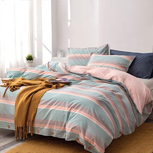  Duvet Cover Queen Size 3 Pcs Set, 100% Washed Cotton Mix Color Stripe Luxury Breathable Soft Bedding Comforter Covers, With Buttons Closure, 1 Queen Duvet Cover 90x90 Inches And 2 Pillow Cases