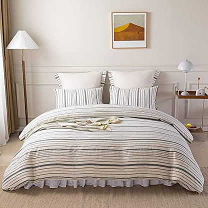  Simple&Opulence 100% Linen Duvet Cover Set Comforter King Size (104" X 92")-3pcs French Washed Flax Textured Soft Bedding With Striped Detail, 1 Duvet Cover And 2 Pillowcases (Grey)
